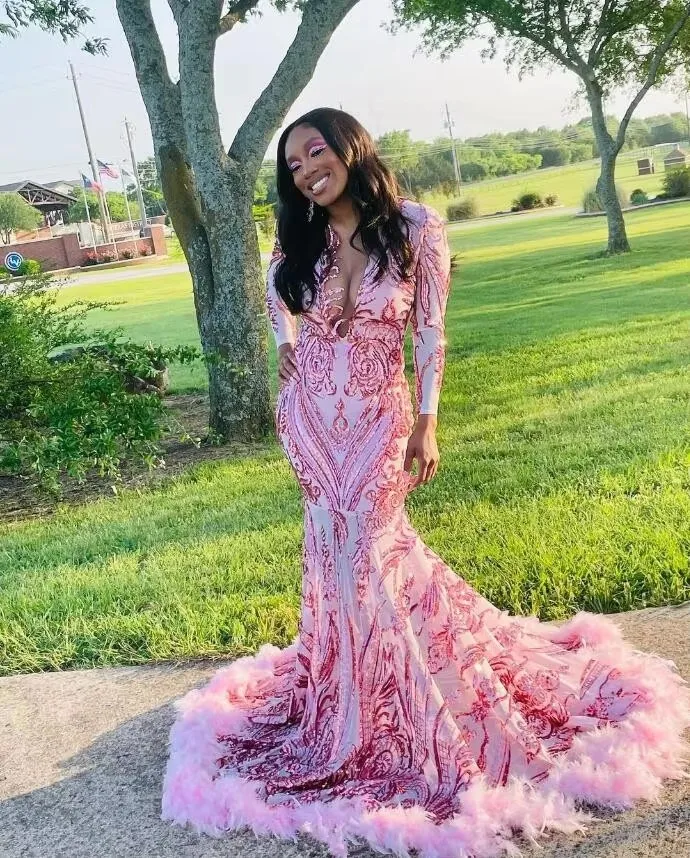 2025 Sparkly Pink Mermaid Prom Dresses For Black Girl Long Sleeve Applique Feather Birthday Party Gowns Customized