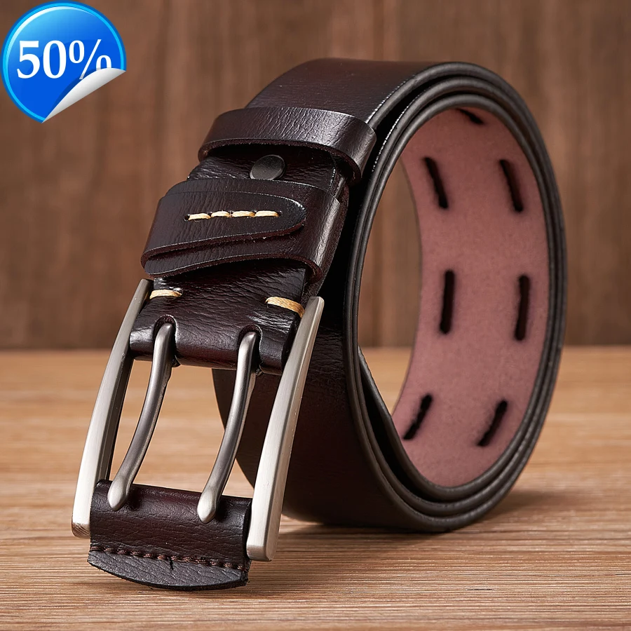 4CM High Quality Genuine Leather Belts for Men Brand Strap Male Double Pin Buckle Fancy Vintage Cowboy Jeans Belt Cintos