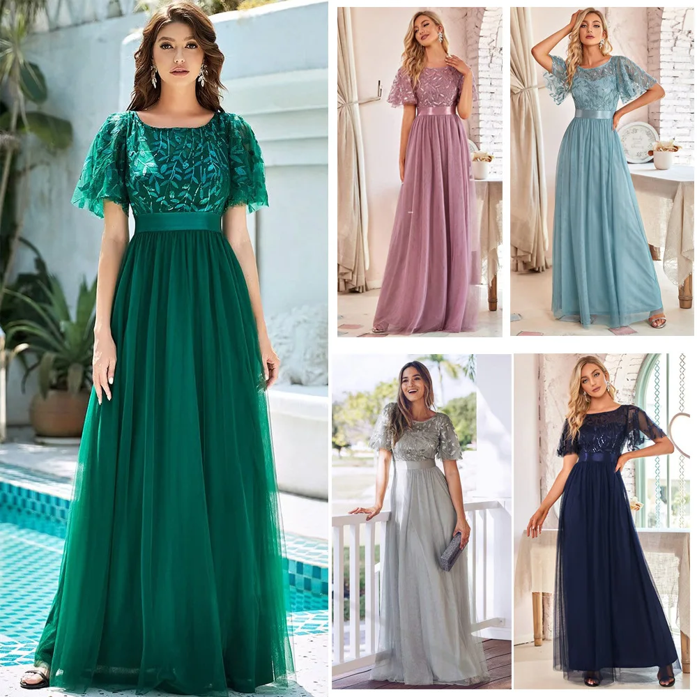 

O-Neck A-Line Tulle Classic Evening Dresses Plus Size Appliques Short Sleeves Long Wedding Party Dresses Women Formal Dress