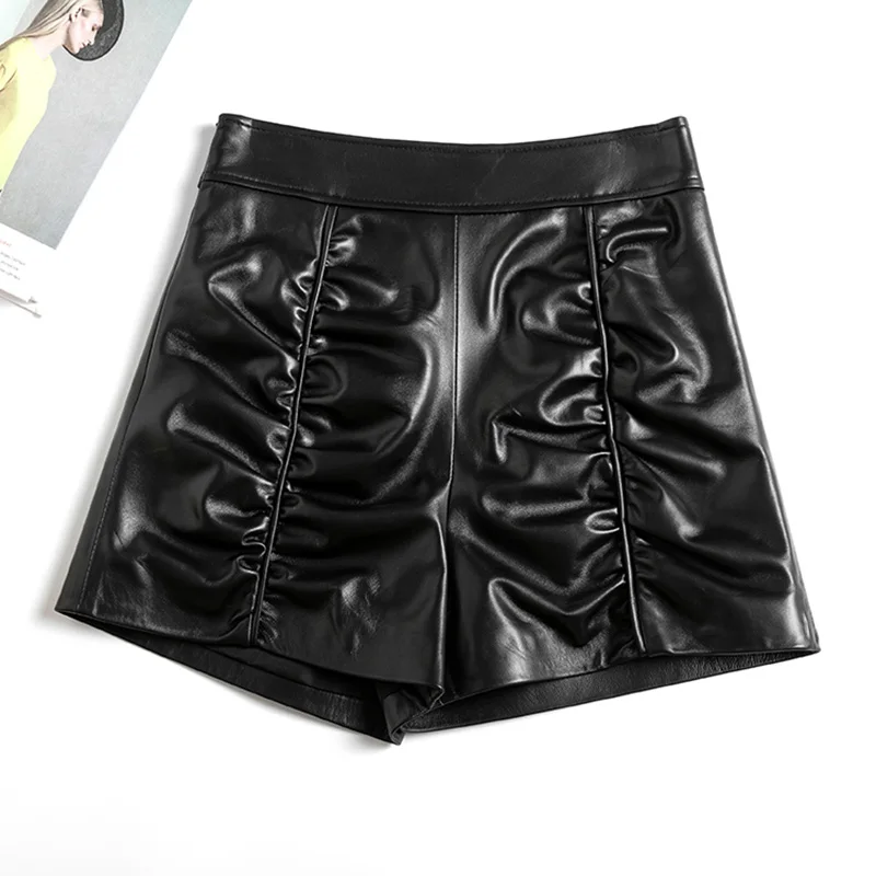 Lady Fashion Short Pants With Belt Women's Autumn Genuine Sheepskin Leather Pants Sexy SY3999