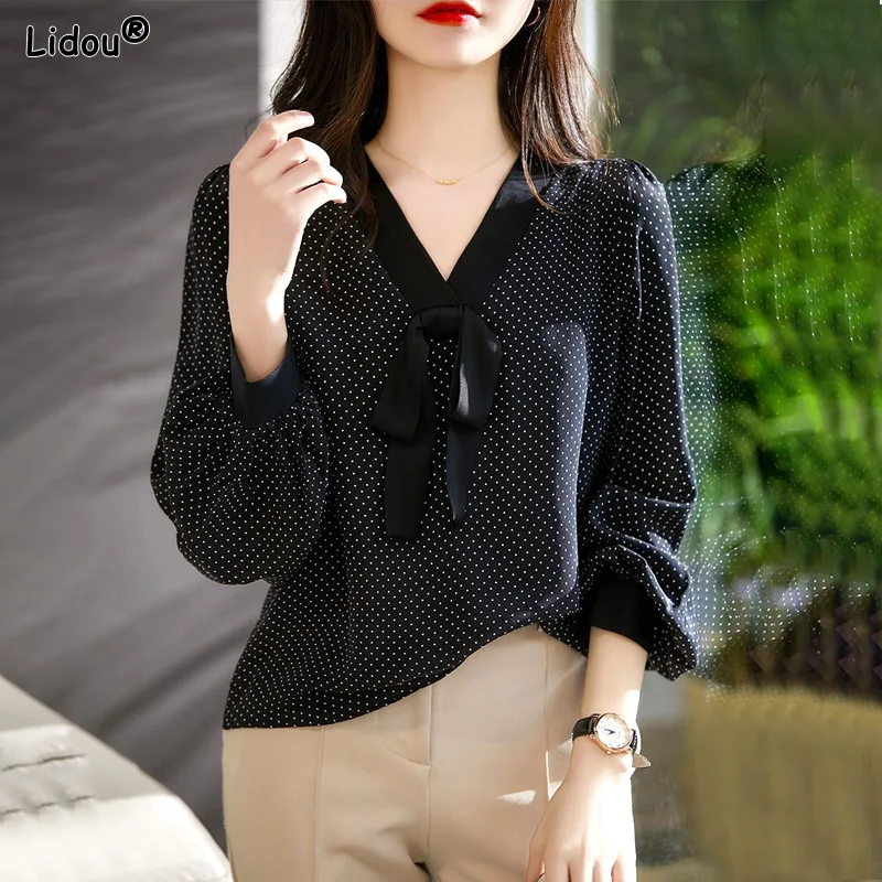 

Женская одежда 2022, модные прямые пуловеры в горошек в стиле пэчворк на шнуровке, с рукавом-фонариком, тонкий бант с V-образным вырезом на весн...