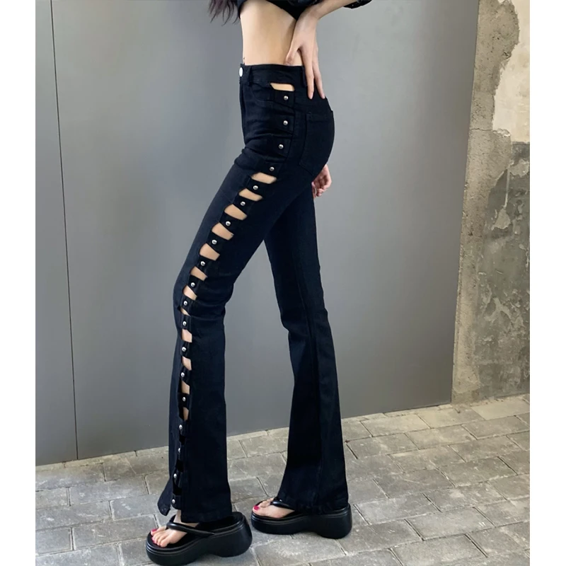 

Women's Y2k Side Hollow Flare Jeans Black Lacing High Waist Stretchy Self Cultivation Vintage Baggy Ladies Denim Trouser Summer