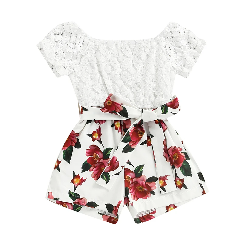 

Комбинезон детский кружевной с цветочным принтом, круглым вырезом и коротким рукавом