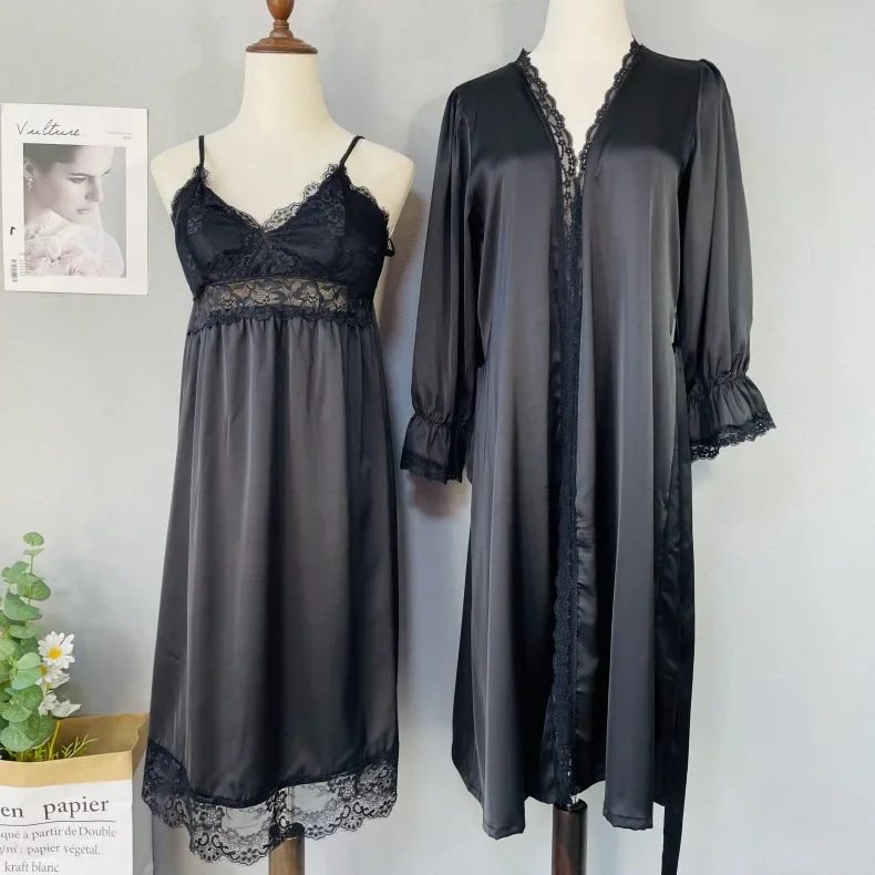 

2PCS Kimono Robe Set Extended Version Lady Satin Home Dressing Gown Sexy Lace Bathrobe Nightgown Loungewear Nightwear Sleepwear