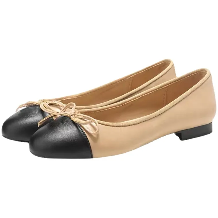 Bowknot Flat Sole Single Shoes for Women's Four Seasons Shoes Genuine Leather Round Toe Shallow Mouth Ballet Dance Shoes