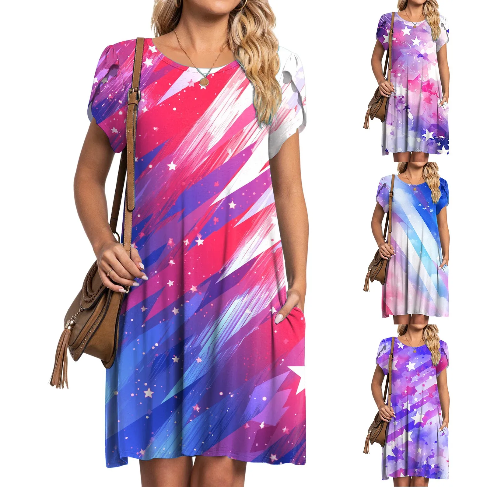 

Женское пляжное платье с рукавами-лепестками, повседневное свободное удобное платье с круглым вырезом, Летние Пляжные Платья с цветочным принтом для женщин