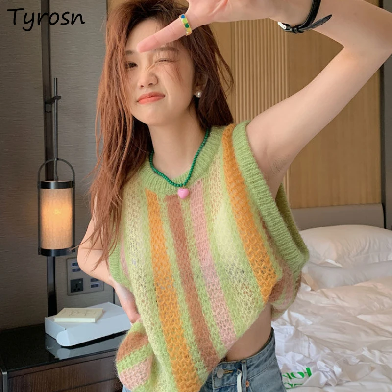 

Sweater Vests Women Panelled Striped Retro Simple Fashion Casual All-match Daily Korean Style College Hollow Out Summer Knitwear