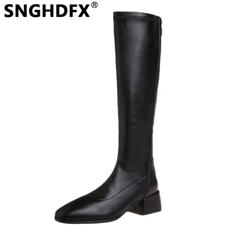 

Female Fashion Slim Chunky Heels Knee-High Long Boots Women Party Shoes Waterproof Non-slip Back Zipper Solid New Spring Autumn