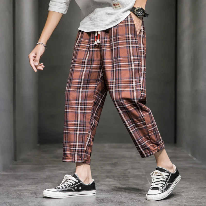 

Chinese Style Baggy Pants Black Plaid Casual Pants Mens Streetwear Harem Pants Male Checkered Trousers Plus Size Men Joggers