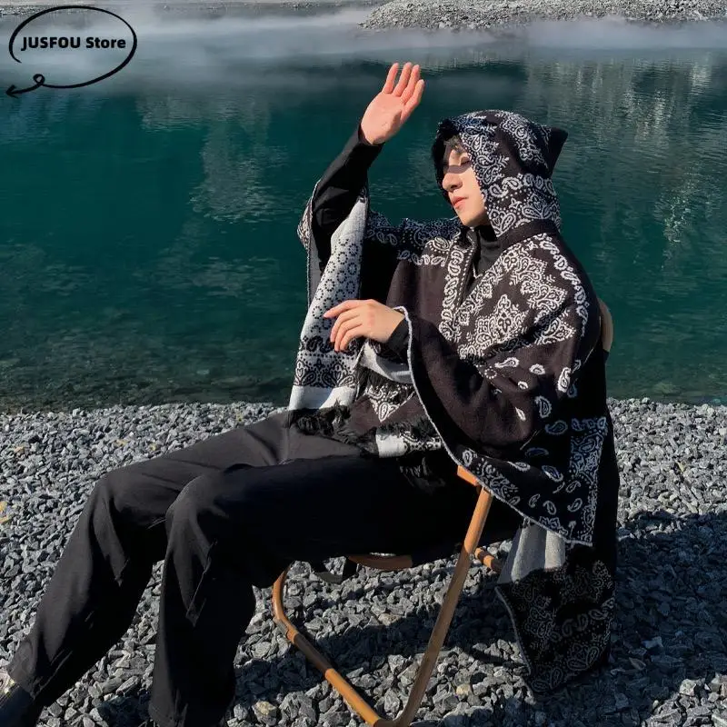 Пончо из искусственного кашемира мужской плащ с капюшоном теплая шаль накидки