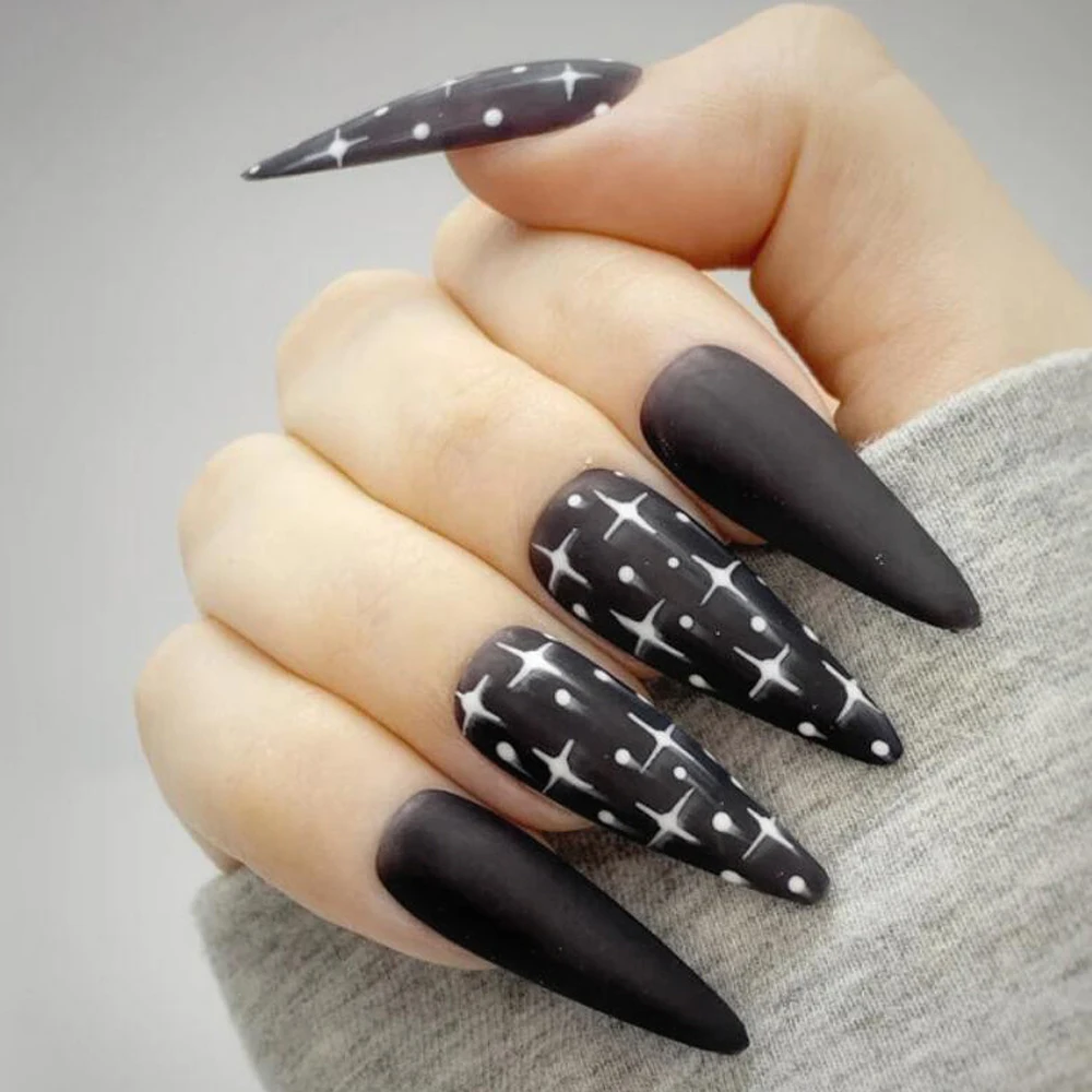 

Модные стильные накладные ногти на шпильках с дизайном матовые черные острые ногти для маникюра французская звезда Набор накладных ногтей