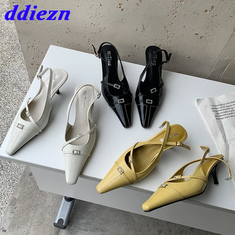 

Босоножки женские на тонком высоком каблуке, сандалии с ремешком и пряжкой со стразами, туфли-лодочки, весна-лето 2023