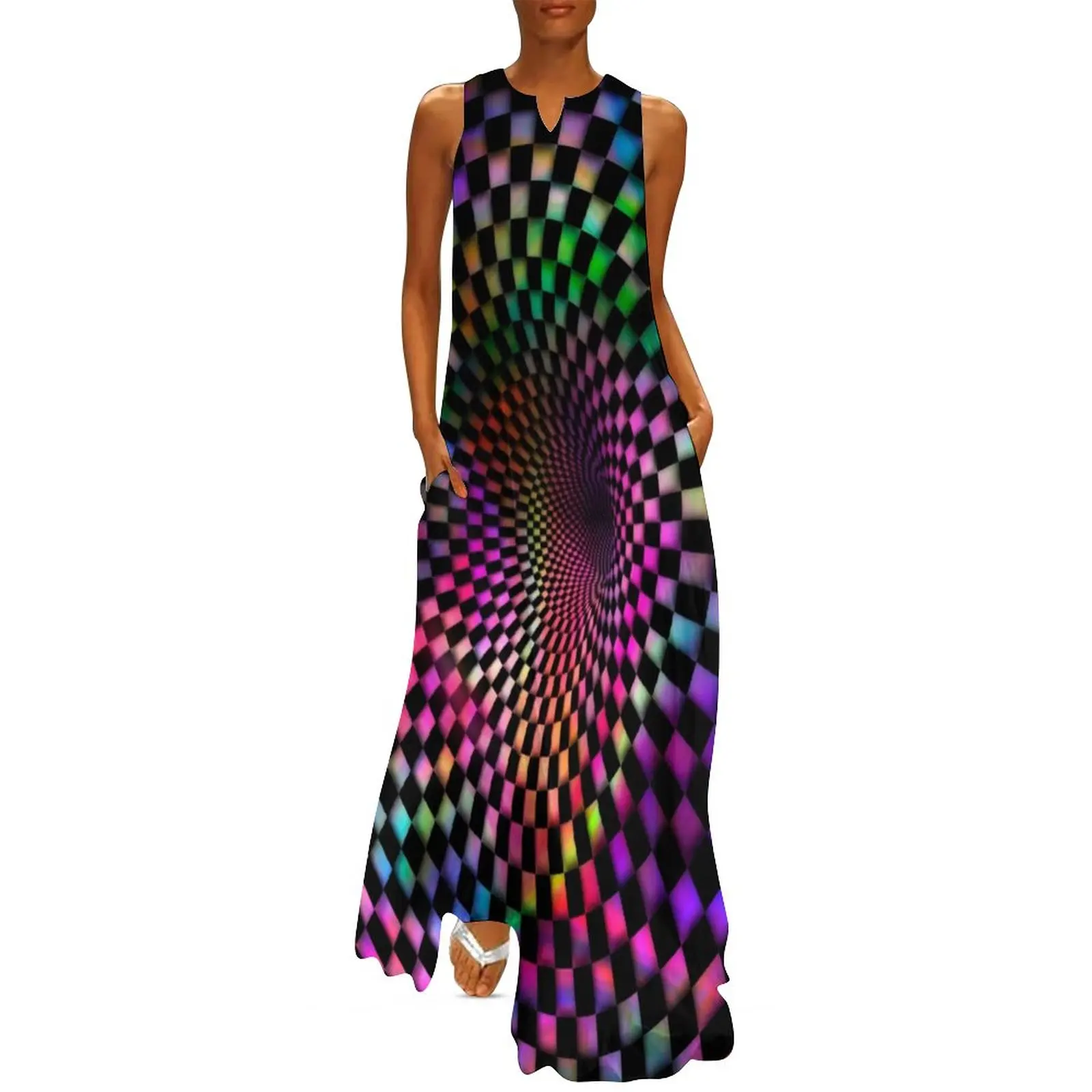 

3d Tie Dye Checkered Dress Optical Illusion Print Party Maxi Dress V Neck Graphic Casual Long Dresses Aesthetic Oversize Vestido