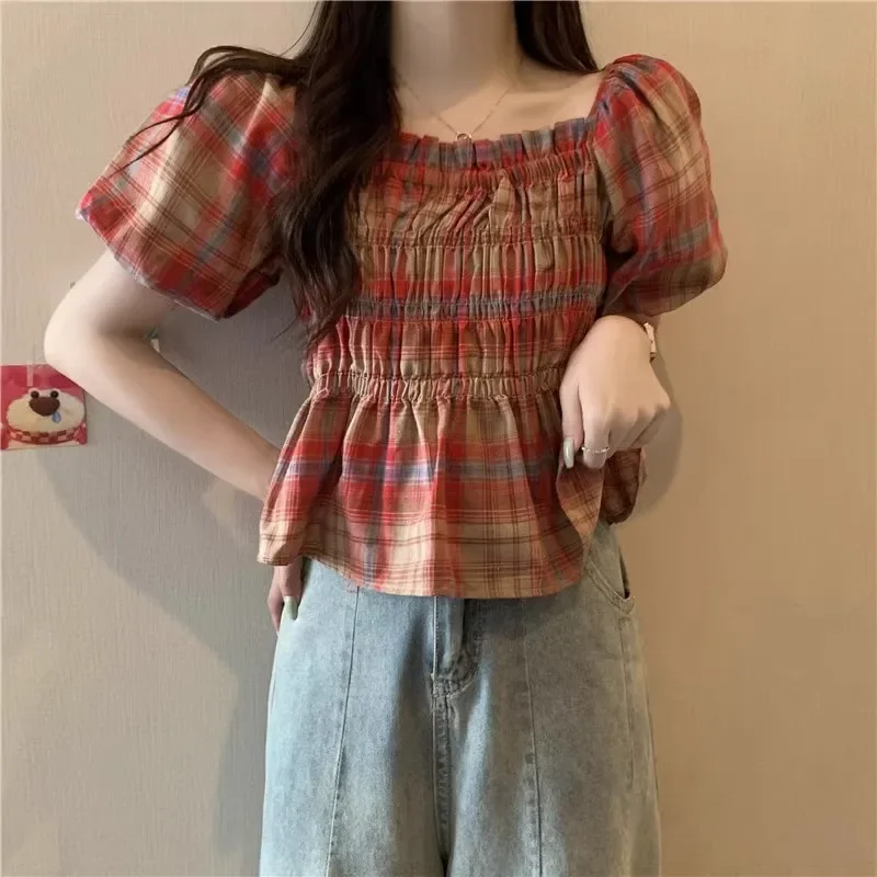 Винтажная клетчатая рубашка с коротким рукавом Стильная Милая острая девушка