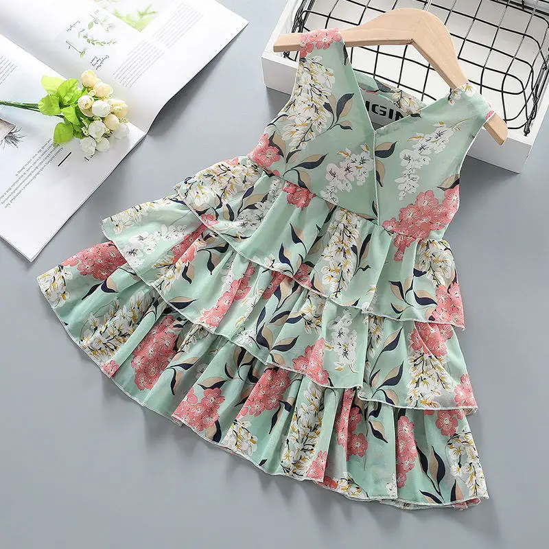 

Baby Girls Princess Dress 2022 New Summer Fashion Child Sleeveless Chiffon Floral Cake Dresses 2-6 Years Cute Kids Clothing