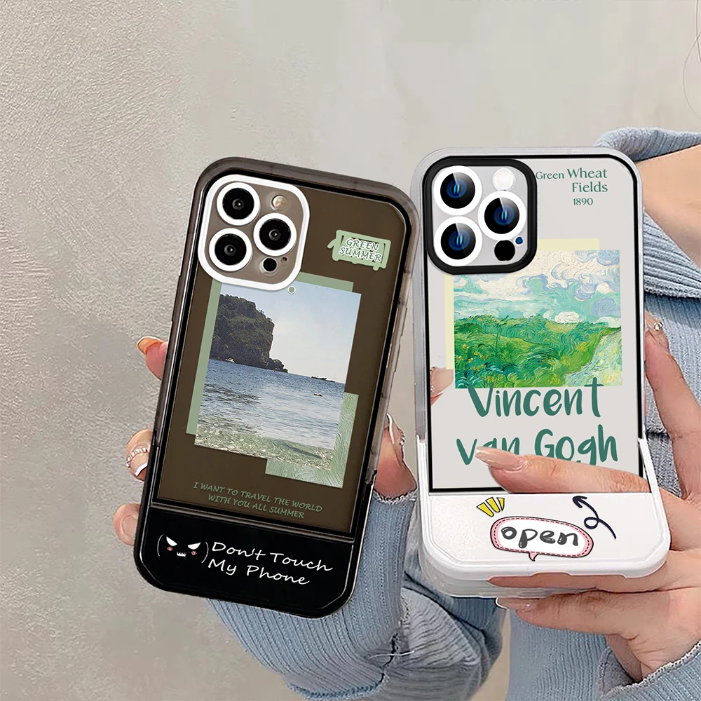 

Scenery Text Labels Stand Holder Case for iPhone 14ProMax 14Plus 13 12 11 Pro Max Transparent Soft Silicone Bumper Fundas Coque