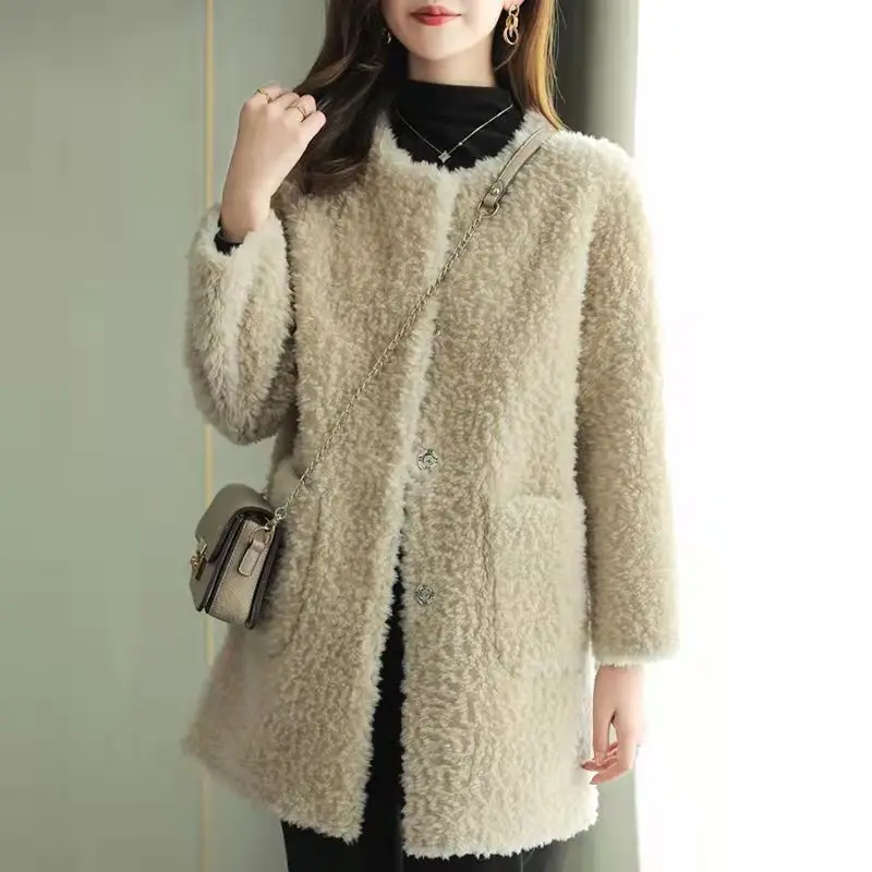 2022 Winter Pellet Sheep Faux Fur  Shearing Cashmere Coat Fur Coat Midi Long Lamb Fur One Woman Luxury Elegant Lady Clothes