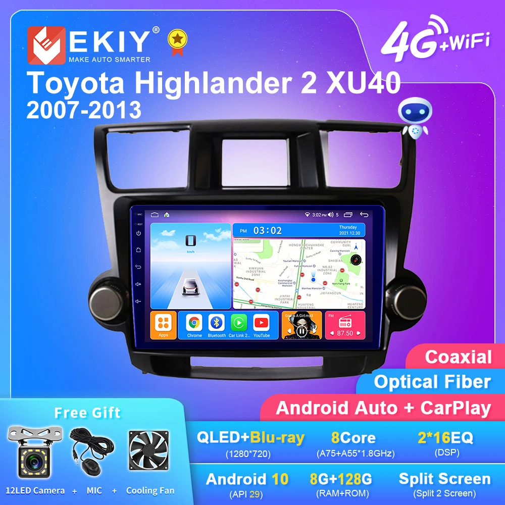 Автомагнитола EKIY T7 Android 10 для Toyota Highlander Kluger 2 XU40 2007-2013 Navi GPS мультимедийный
