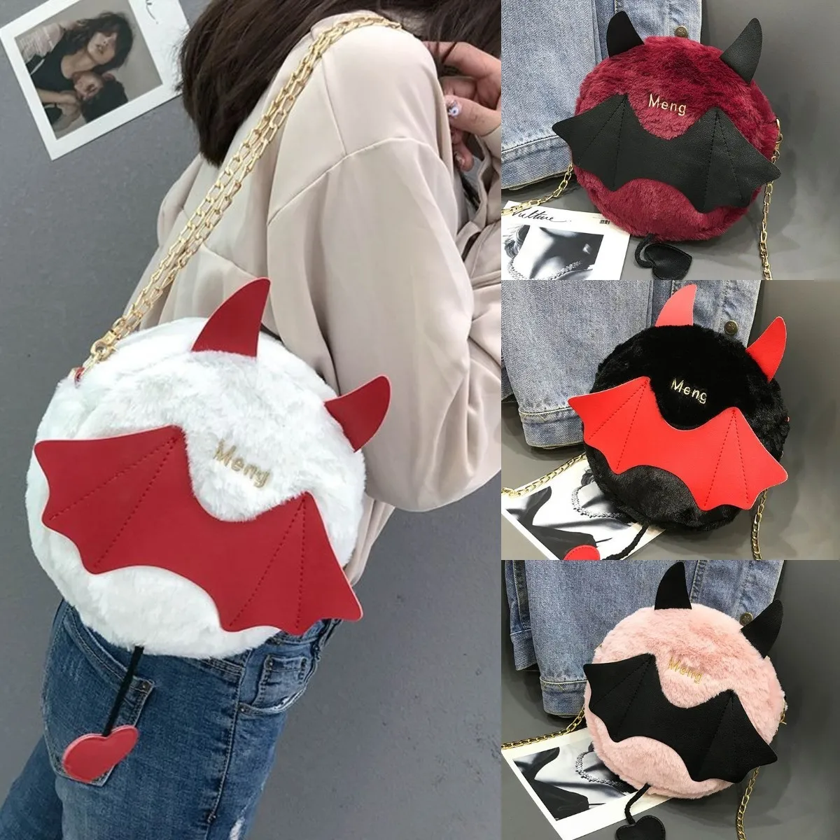 

Cute Little Devil Crossbody Bags Bat Monster Plush Female Bags Shoulder Kawaii Women's Bag Fashion Leisure Round Small Handbag