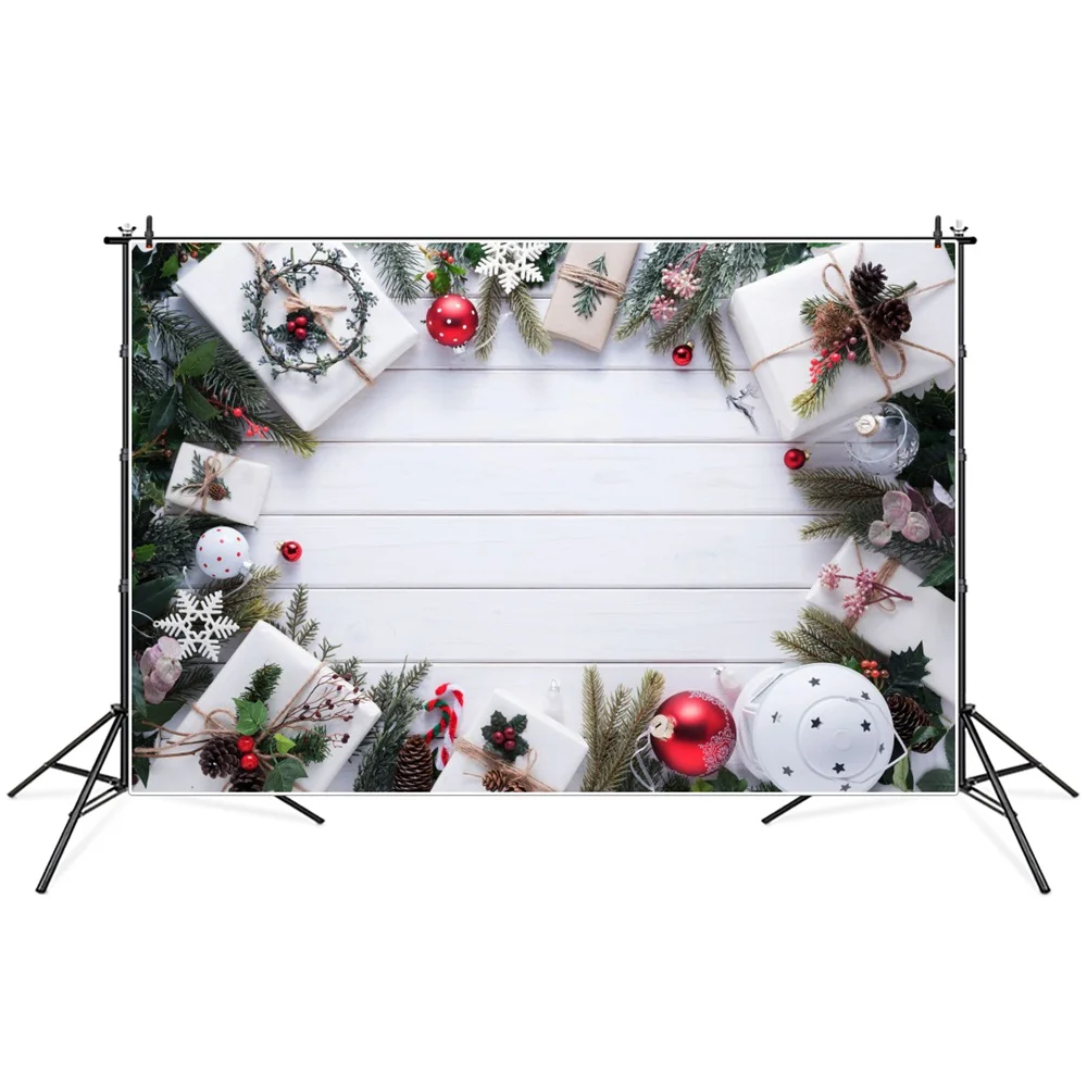 

Christmas Gifts White Wooden Planks Boards Photography Backgrounds Banner Custom Pine Balls Party Decoration Photo Backdrops