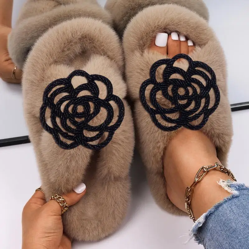 Slippers Women Winter Faux Fur Shoes Women Slides Plush Home Slippers Black Hollow Flowers Indoor House Warm Fur Flats