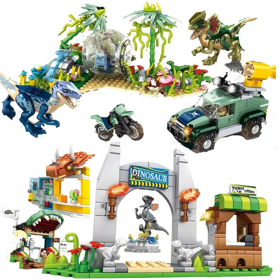 

4in1 Jurassic Amusement Park Building Blocks Dinosaurs with 4 figures Dino Shop World Bricks Toys For Children