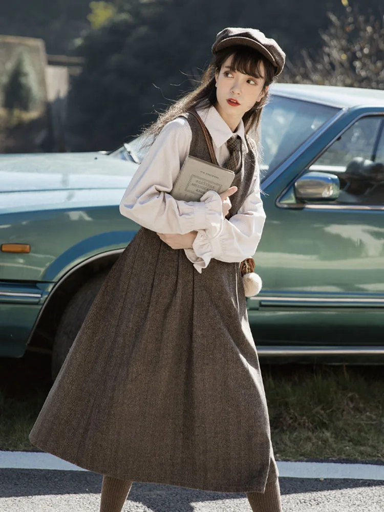 

Women's Autumn and Winter College Style Wool Vest A-line Mid-length Woolen Retro Strap Dress