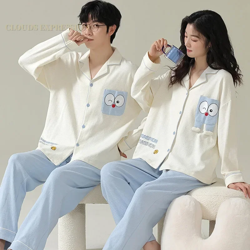 

Pajama Loungewear Couple Cartoon Suits Sleep Lovers Matching Fabric PJ Sets Pajamas Spring Sleepwear Waffle Autumn for Pyjamas
