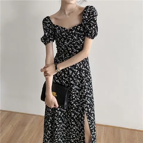 

Midi Dress Women French Black Print Sexy Puff Sleeves Empire Side Slit Clubwear Temperament Summer Elegant Fashion Vestido Retro