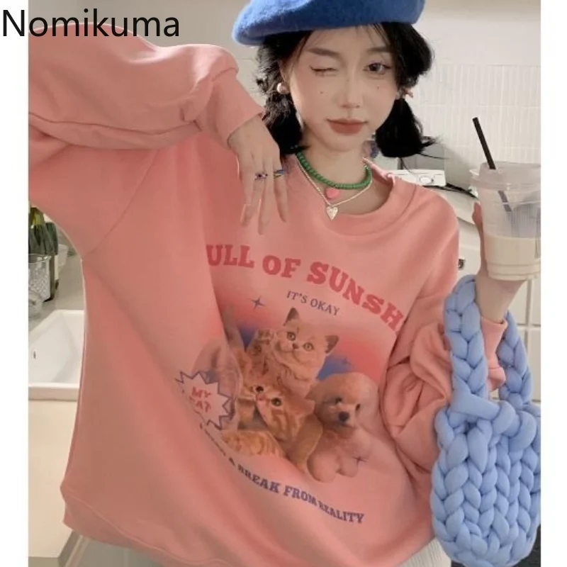 

Nomikuma Sudaderas Autumn Winter Letter Cartoon Print Loose Chic Hoodies Women Vintage Kawaii Fashion Casual Long Sleeve Tees