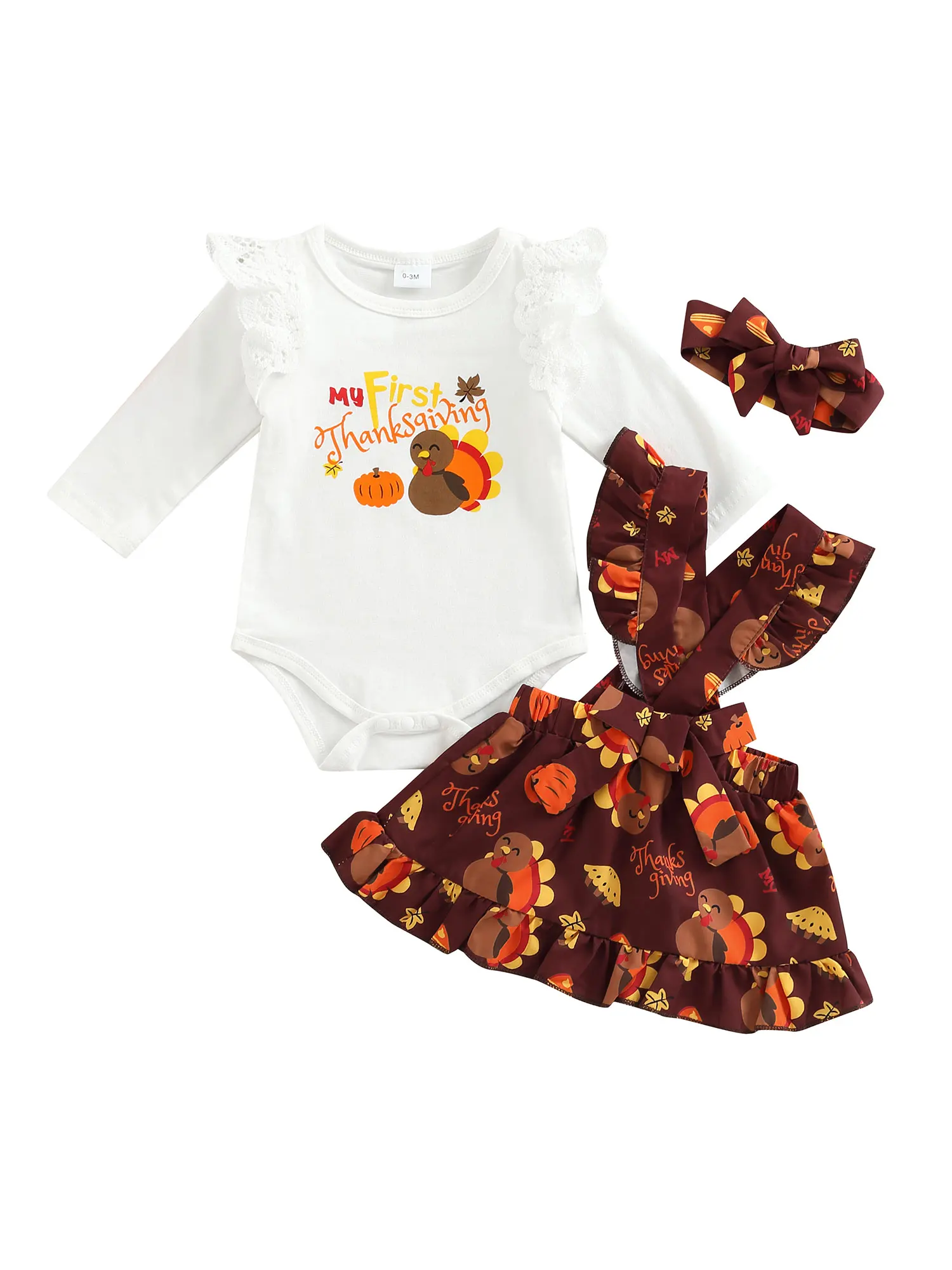 

Newborn Baby Girls 1St Thanksgiving Turkey Print Ruffled Romper Suspender Skirt Bow Headband 3Pcs Outfits