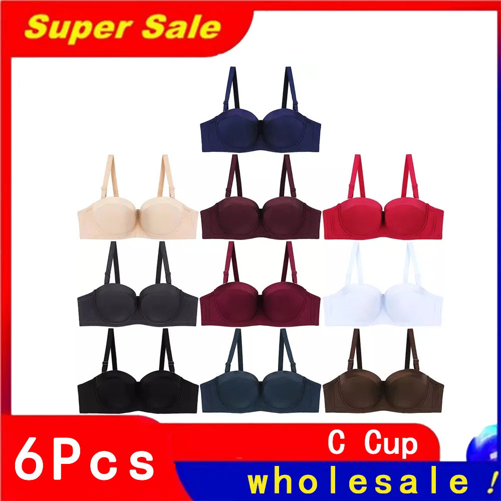 Wholesale 6PCS Women Underwear Female Strapless Silicone Non-slip Half Cup High Quality Comfortable Underwire Nylon Ladies Bra