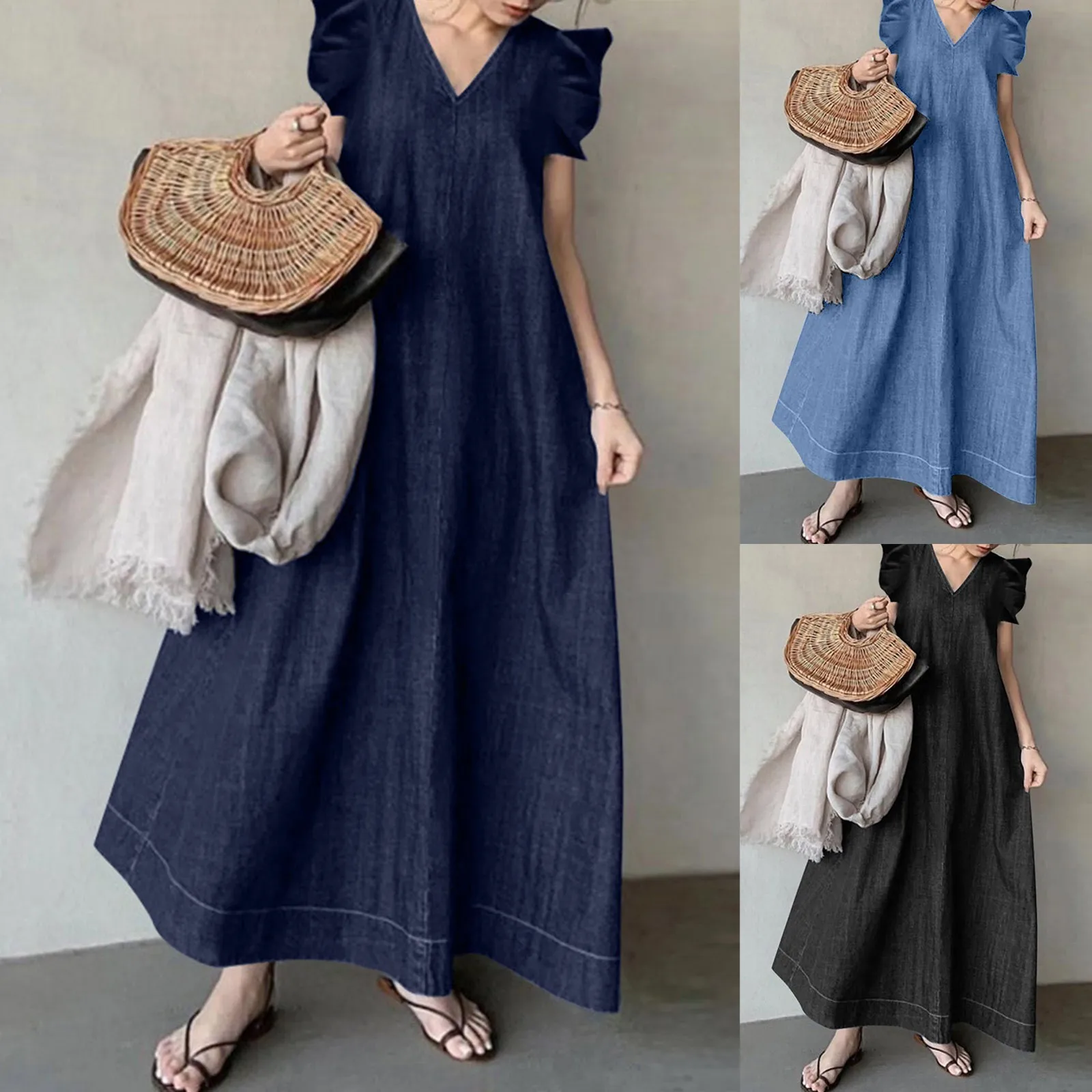 

Женское джинсовое платье с V-образным вырезом, Длинное свободное вечернее платье из денима в богемном стиле с запахом, летнее платье большого размера