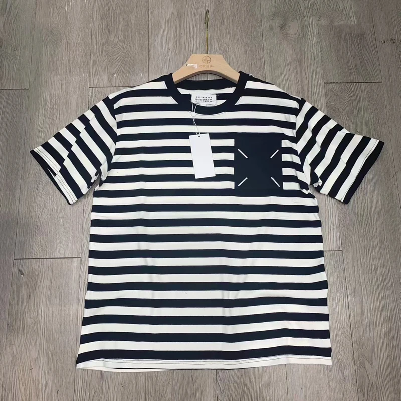

New Black White Stripe MM6 Margiela T-Shirt Classic Pocket Embroidery Four Point Stitch Label Short Sleeve For Men Women gym