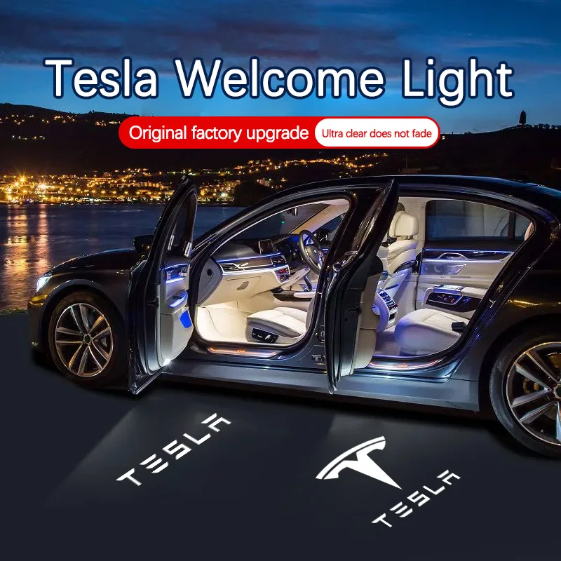 Фото Светодиодный проектор-подсветка для дверей автомобиля Tesla Model 3, Model Y, Model S, Model X, HD LED лампа с иконкой, атмосферная подсветка №1