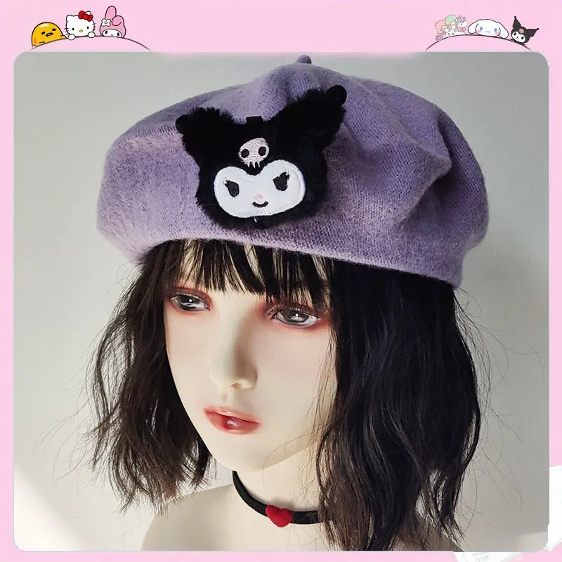 

Sanrio Hello Kitty Kuromi Pumpkin Hat Cute Girl Beret Cartoon Sweet All-Matching Autumn and Winter Painter Cap Solid Color