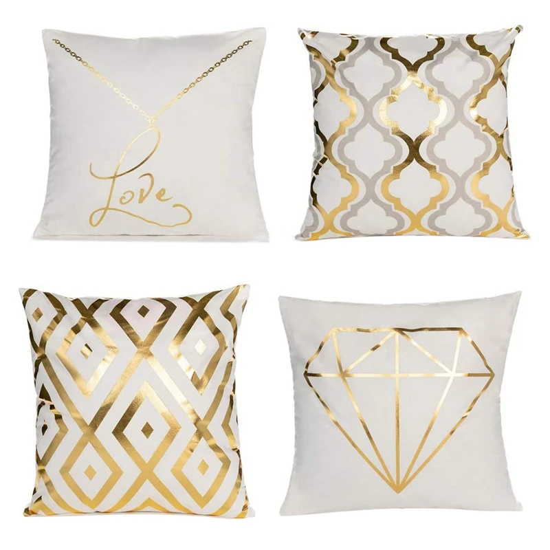

4 Bronzing Throw Pillow Covers Square Short Plush Gold Stamping Velvet Pillowcase(18 x 18Inch)