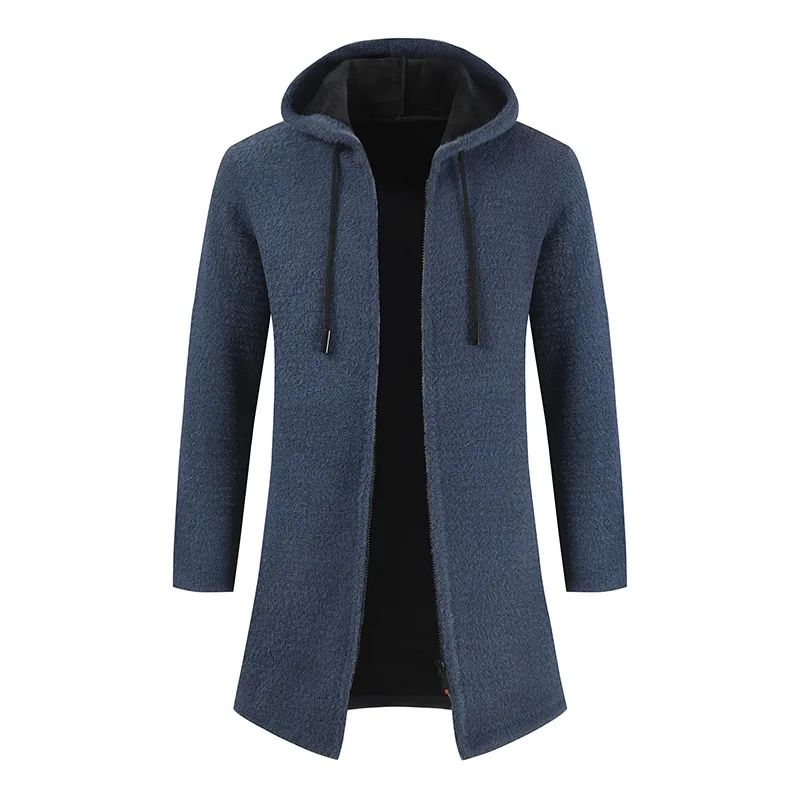 

Autumn And Winter New Solid Color Sweater Cardigan Hooded Collar Medium Length Sweater Men's Zipper Jacket Clothing For Man
