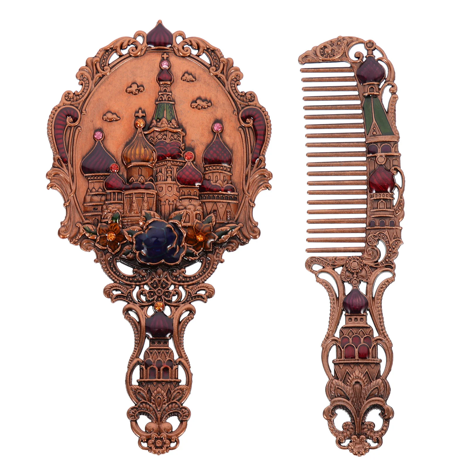 

1 Set of Retro Style Embossed Design Handheld Mirrors Exquisite Hair Combs
