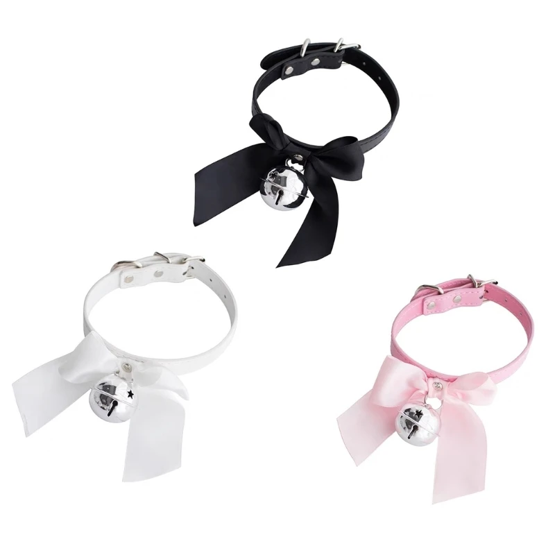 

Leathers Collar Necklace Women with Bows Bells Cat Cosplay Choker Collar