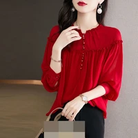 2022 spring new fashion red shirt womens long sleeved chiffon shirt fashion high end chic tops shirts casual o neck