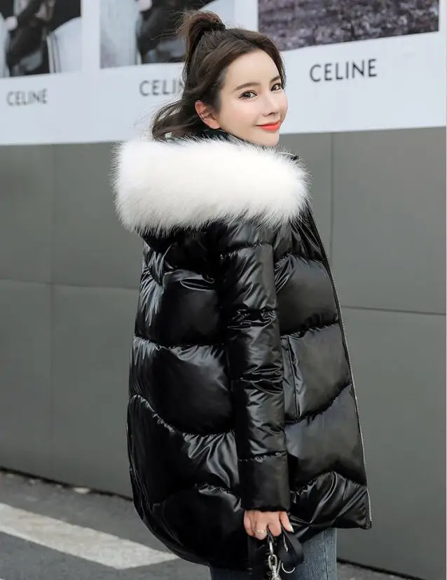 New 2023 Winter Women's Parka Fur Collar Hooded Coat Female Jacket Long Casual Thick Warm Ladies Parkas Snow Wear Silver