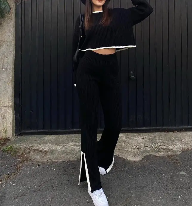 

Womens Fashion Knit Pants Set Autumn Winter Outfit New Fashion Casual Long Sleeved Top Sweater Contrast Split Pants Two Piece