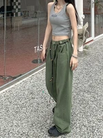 houzhou harajuku retro oversize green jeans women korean streetwear vintage elastic waist y2k denim pants edgy style trousers