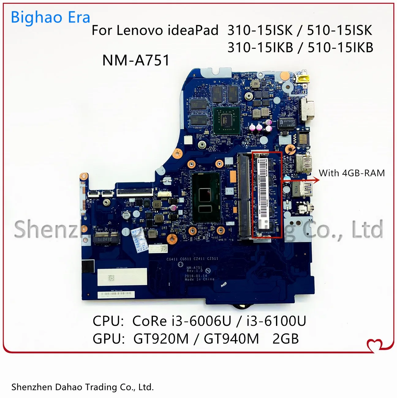 

Материнская плата для ноутбука Lenovo 310-15ISK 510-15ISK 310-15IKB 510-15IKB, быстрая работа/процессор CoRe i3 4GB-RAM GT920/940M 2G-GPU 100% тест