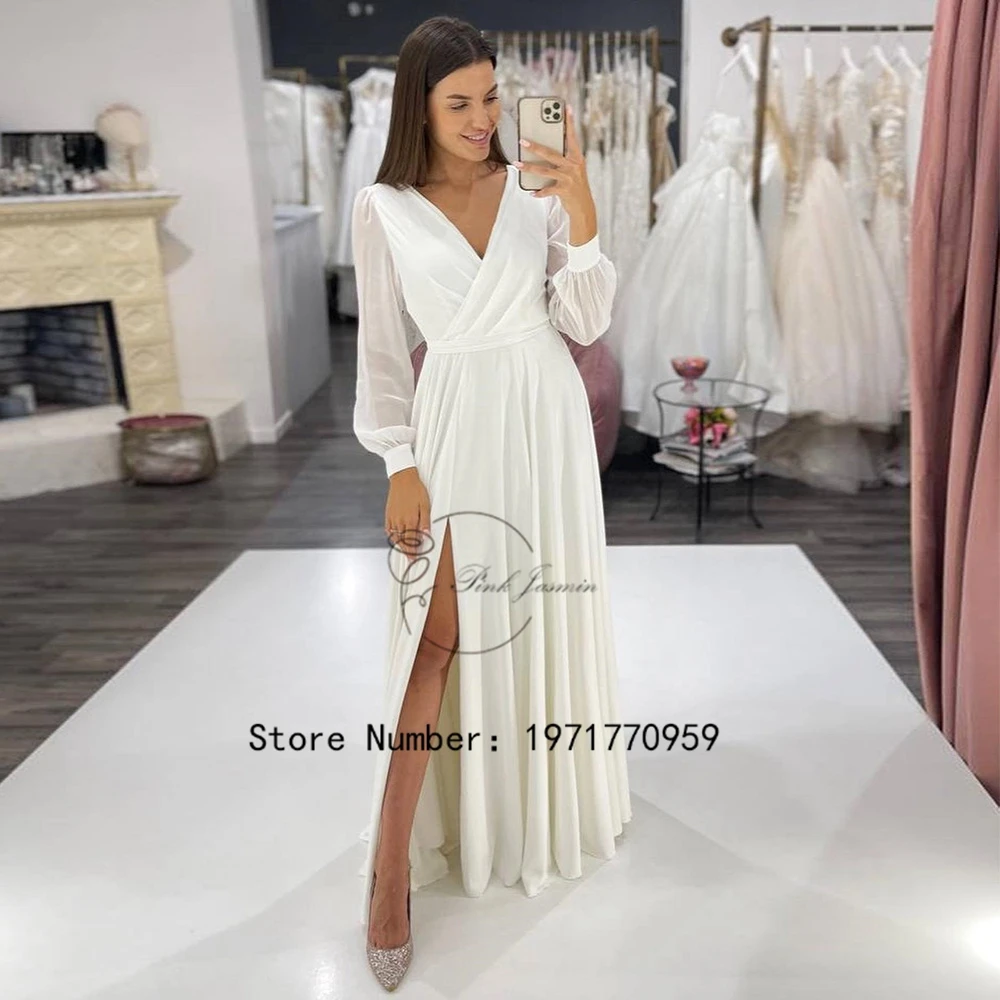 

Ivory Classic Fashion V Neck Wedding Dresses For Women 2023 New Simple Full Sleeves Bridal Gowns With Chiffon Vestido De Novia