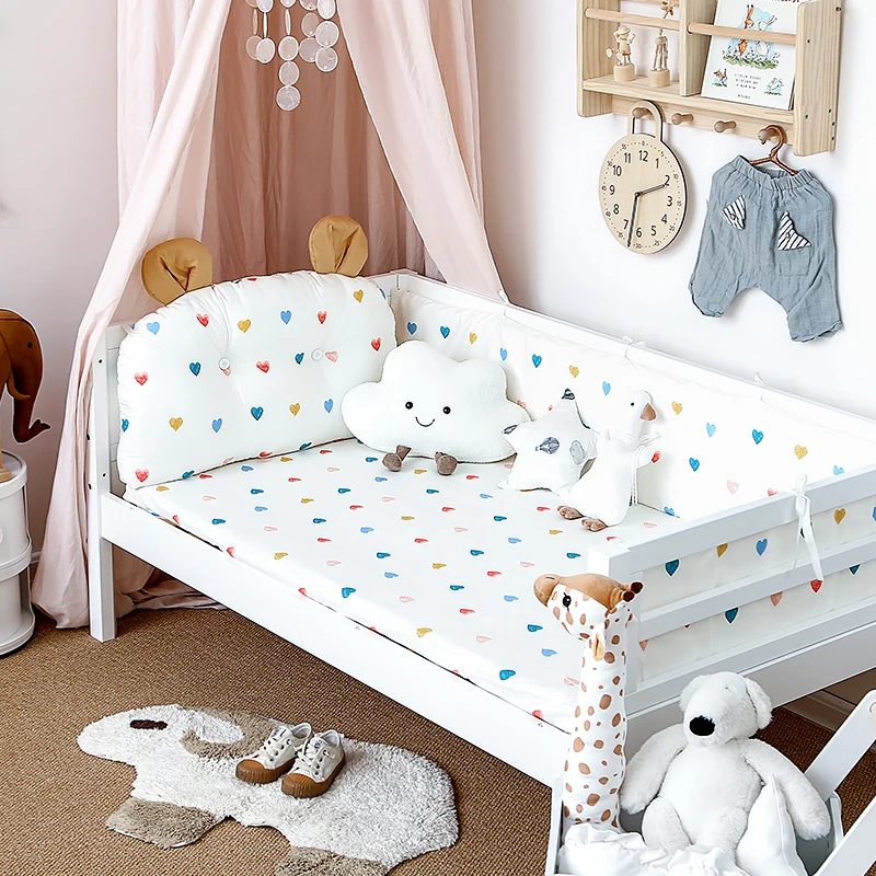 4Pcs Baby Bedding Set Cotton Cartoon Bear Head Crib Bed Protector Bumper Newborns Sheet Child Bed Baby Washable Cot Bedding Set
