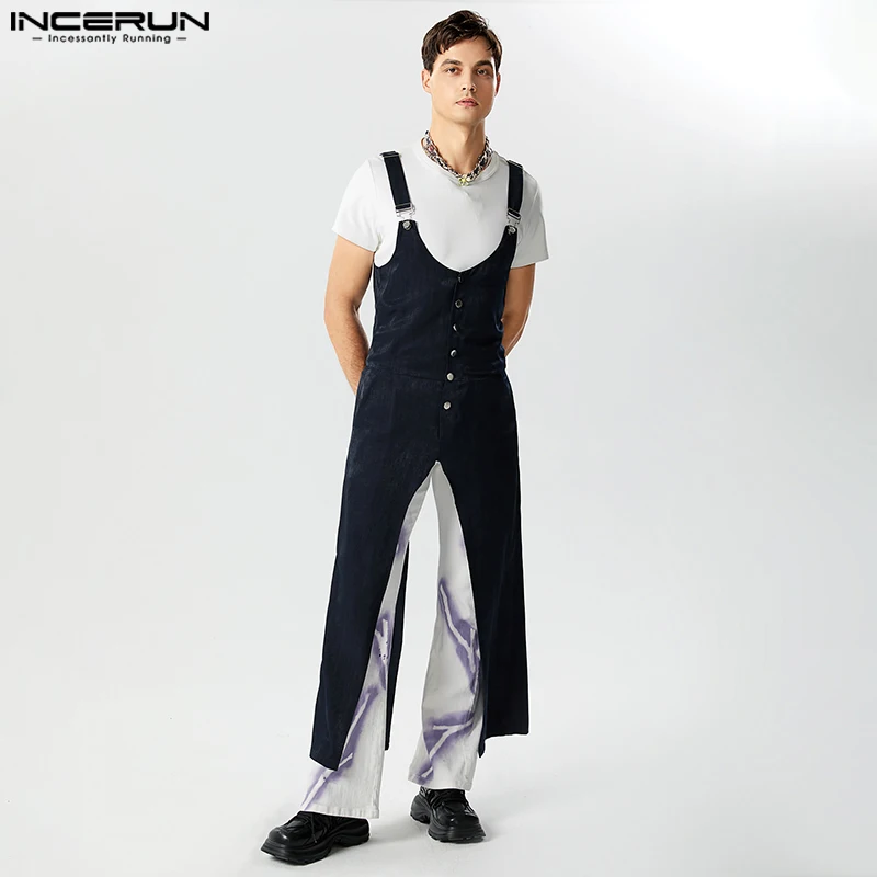 

INCERUN 2023 American Men Stylish Bodysuit Imitation Denim Metal Buckle Shoulder Strap Jumpsuit Leisure Sleeveless Rompers S-5XL