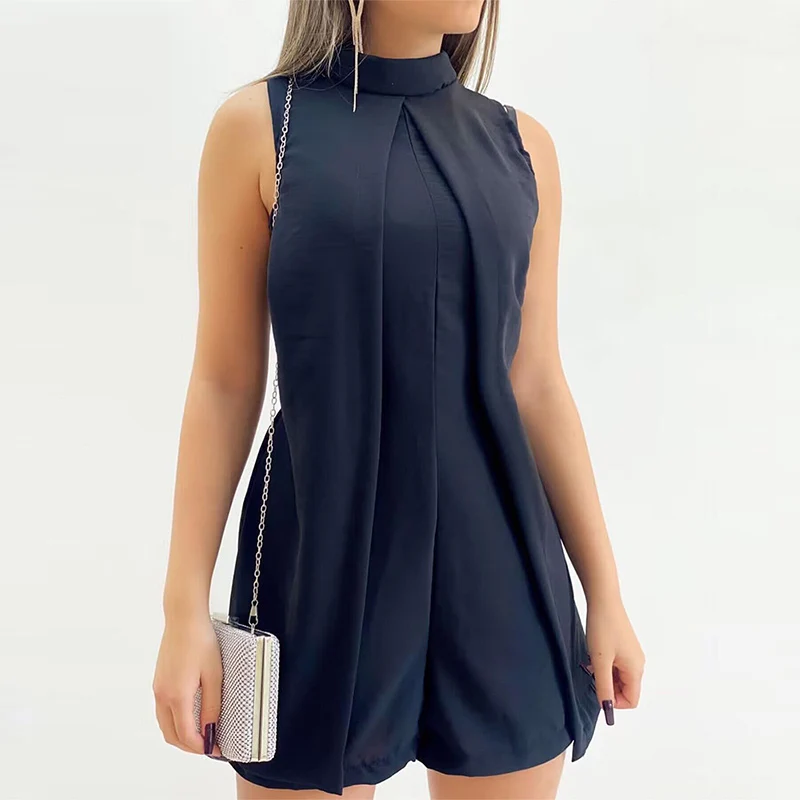 

Commute Summer Sleeveless Office Party Overall Elegant Women Stitch Short Romper Fashion Irregular Turtleneck Solid Jumpsuit