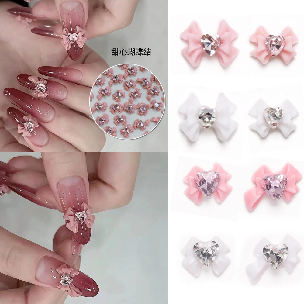 

10Pcs Ribbon Nail Charms White Pink Crystal Heart Rhinestones Bow Knot Nail Parts 3D Manicure Decoration Kawaii Accessories